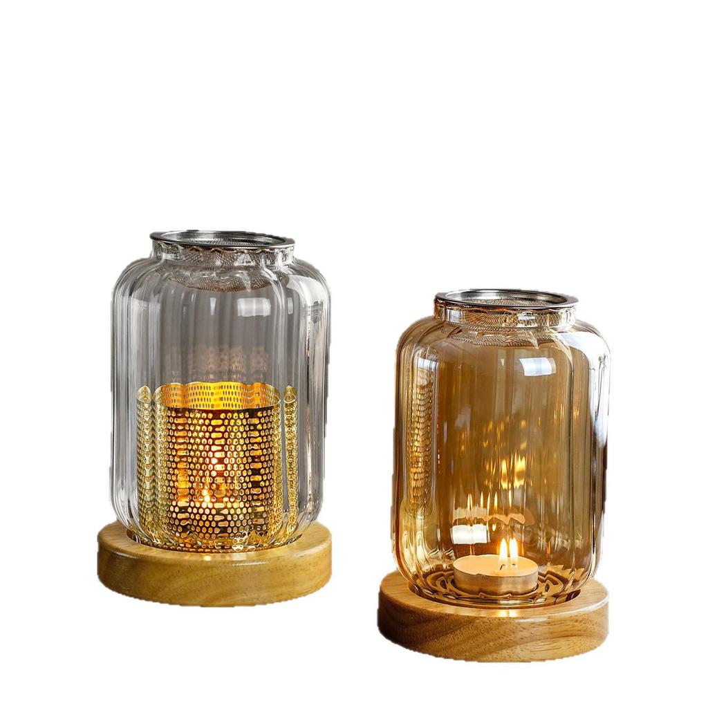 Solid Wood Glass Atmosphere Lamp & Candle Holder with High Transparency Incense Burner for Wax