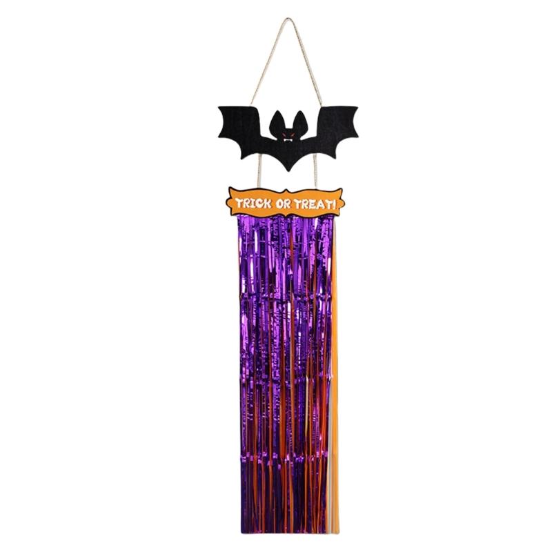 Wood Sign with Tassels Halloween Decoration Front Door Hanging Plaques Ornament with Bat Witch Pattern for Home Decors