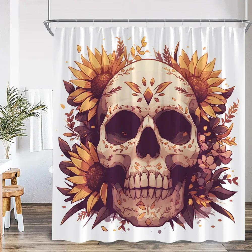 Bohemisk Dödskalle Blomma Duschdraperi Blomma Vintage Växt Blad Glad Halloween Badrumsdekoration Polyester Badkarsdraperi