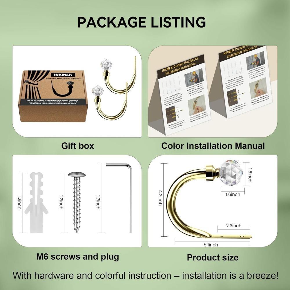 Crystal Curtain Holdbacks 2pcs, Metal Curtain Tieback Pull Back for Wall, Heavy Duty Side Holders Tie Backs for Drapes Drapery Window Home Decoration