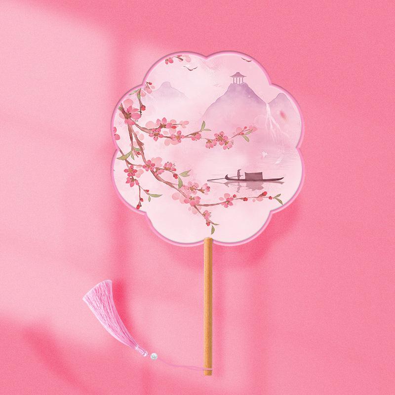 Translucent Embroidered Long-Handled Round Fan for Children's Hanfu and Cheongsam Costumes