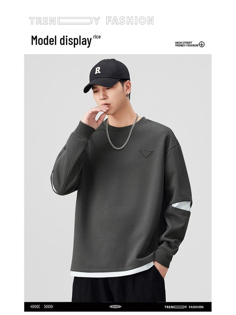 Autumn/Winter American Trend Brand Heavyweight Men's Patchwork Round Neck Long Sleeve Sports Hoodie