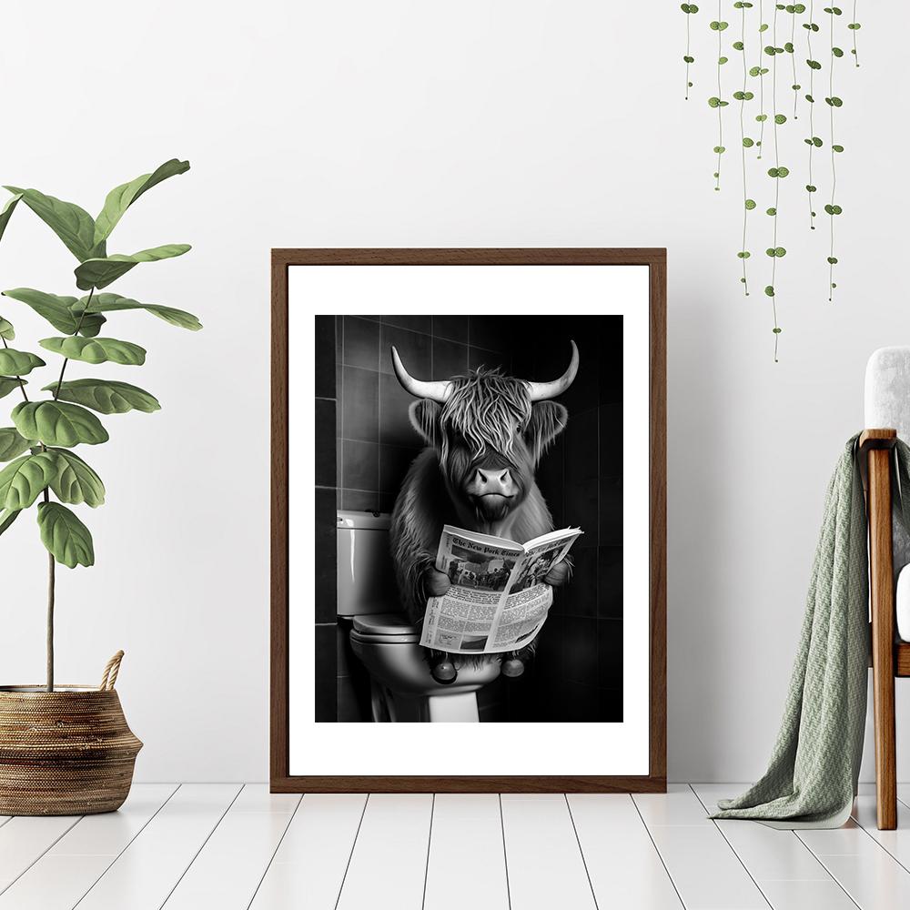 Funny Highland Cow Watch Newspaper In Toilet Canvas Prints Farmhouse Wall Art Poster For Bedroom Living Room Bathroom Home Decor