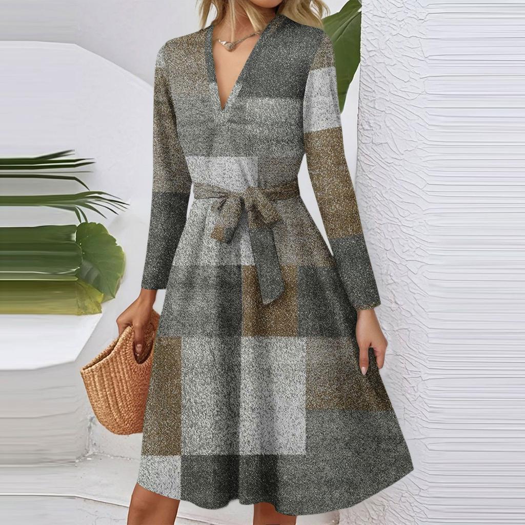 Women's Fashion Casual V-Neck Long Sleeve Waist Plaid Print Midi Dress