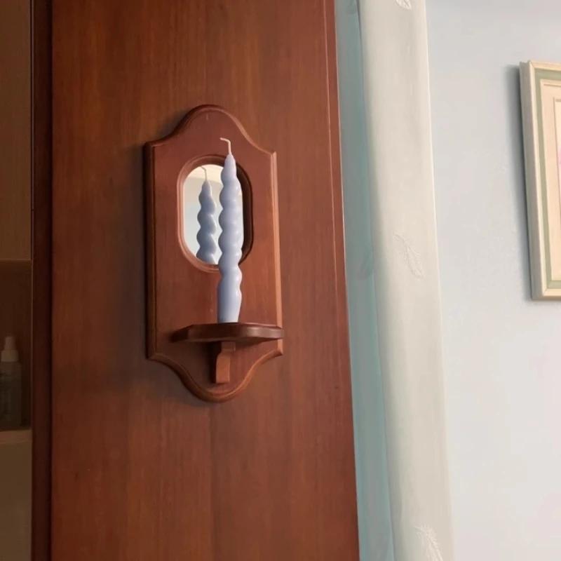 1ks Vintage nástěnné zrcadlo s poličkou Masivní dřevo Držák na svíčku pro aromaterapii Závěsná dekorace do kavárny Dekorativní nástěnný držák