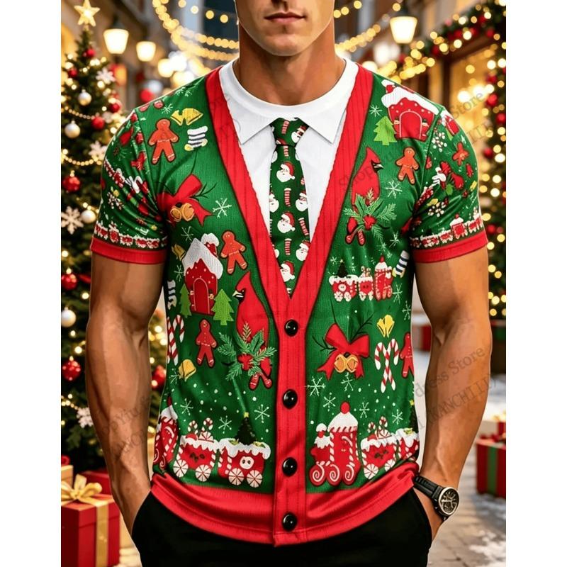 Funny Christmas Tree Fake Suit 3D Print T-shirt Men Women Fashion Short Sleeve Xmas Tops Tees Mens Clothing Reindeer Elk Apparel