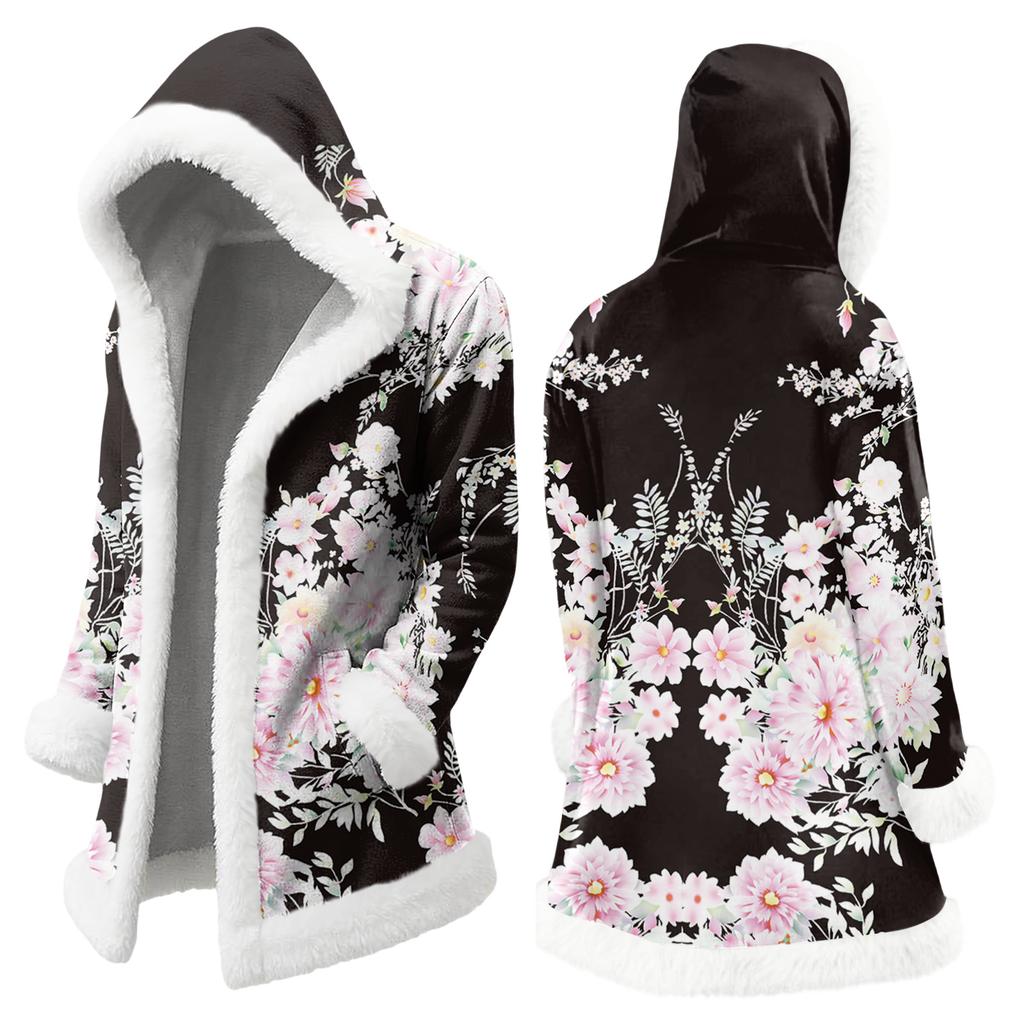 Unisex Casual And Fashionable Plush Collar Hooded Long Sleeved Floral Gradient Printing Jacket