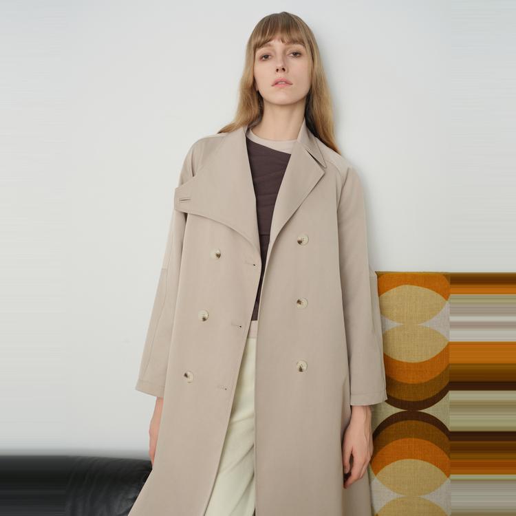 Elle French Style Double-Breasted Mid-Length Tie Shoulder Trench Coat Women coats Khaki-Green L7ADD047