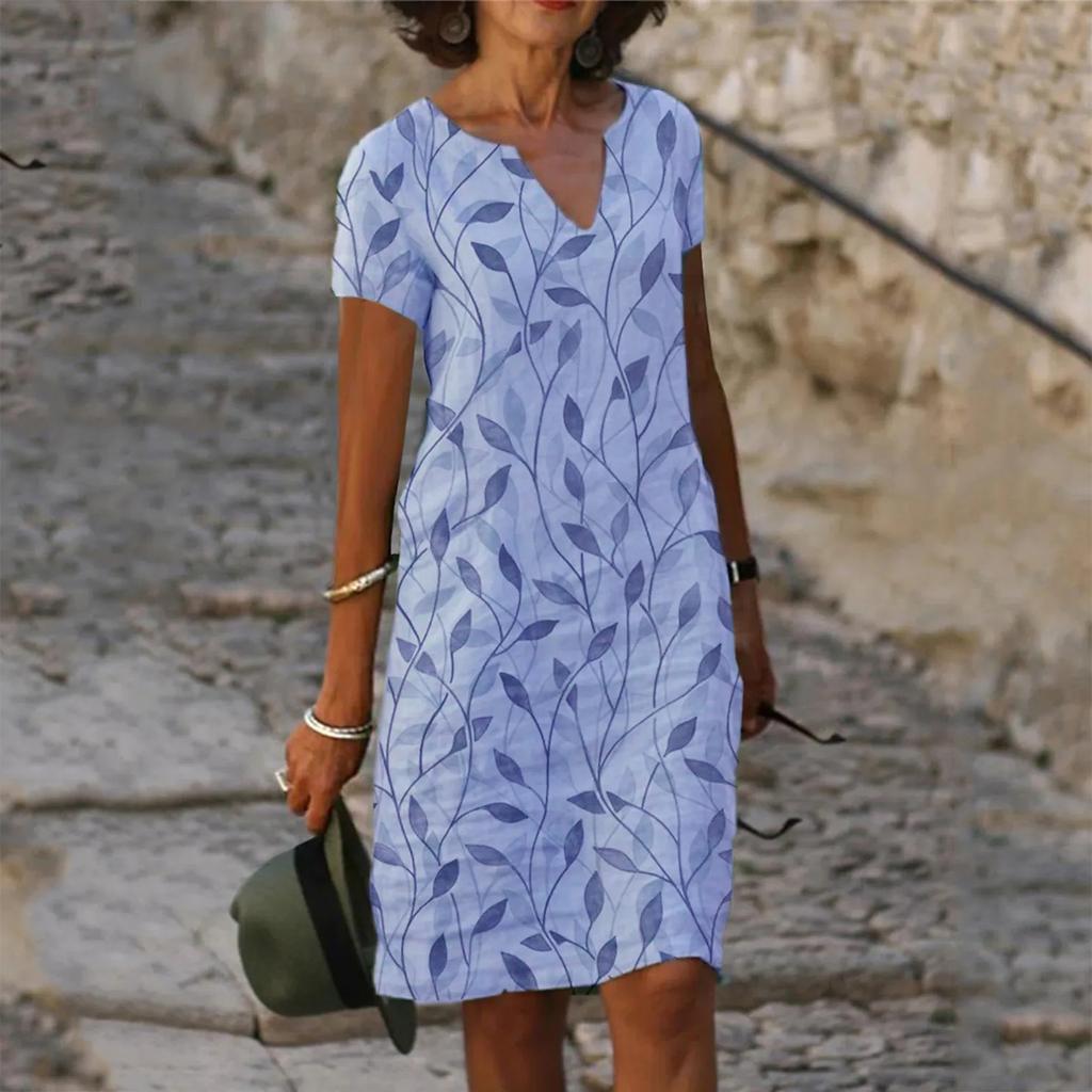 Plus Size Zomer Losse V-hals Digitale Print Damesjurk Korte Mouw Casual Elegante Jurken