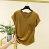 Women's Loose Casual V-neck Pocket Short Sleeved T-shirt For Summer Thin Cut Single Top Solid Color Inner Layer Bottom Layer