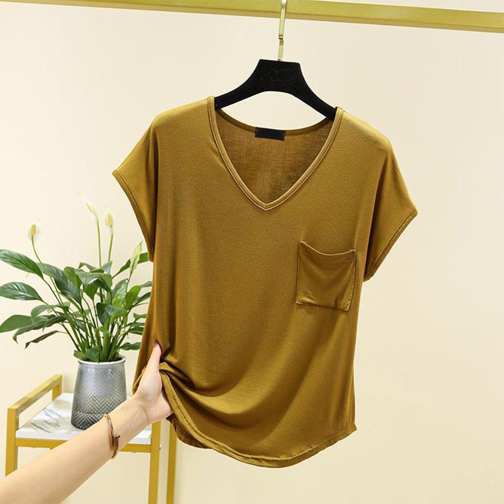Women's Loose Casual V-neck Pocket Short Sleeved T-shirt For Summer Thin Cut Single Top Solid Color Inner Layer Bottom Layer