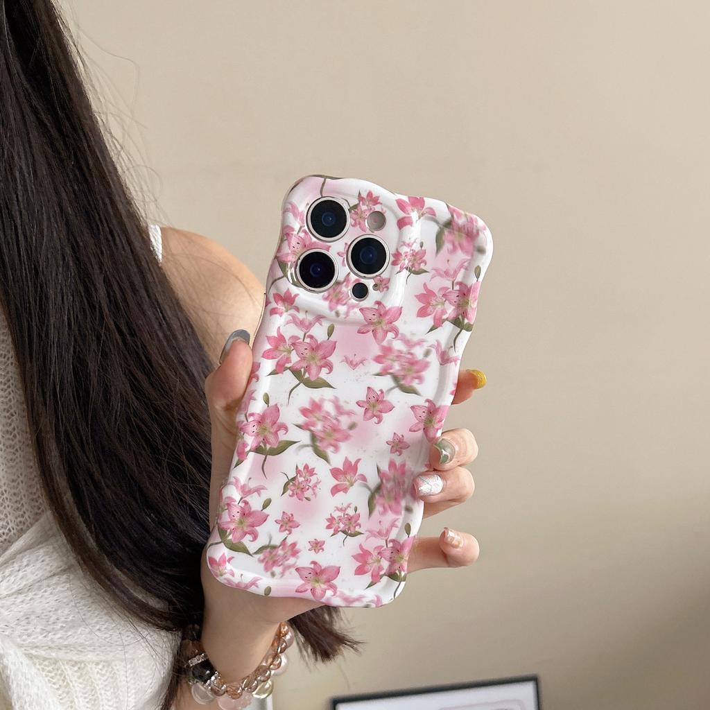 Japanese and Korean smudged pink flowers for iPhone16promax Apple 15 mobile phone case 14/13 wave case IMD