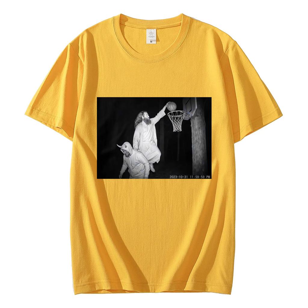 Jesus Dunking Trail Cam Funny Religious Meme Tshirt Fashion Vintage Short Sleeve T Shirts Unisex Casual Loose Cotton Tshirts