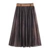 European & American Style Women's Suede Effect Pleated Midi Skirt with Belt - High Waist Skirt, 2025 Collection
