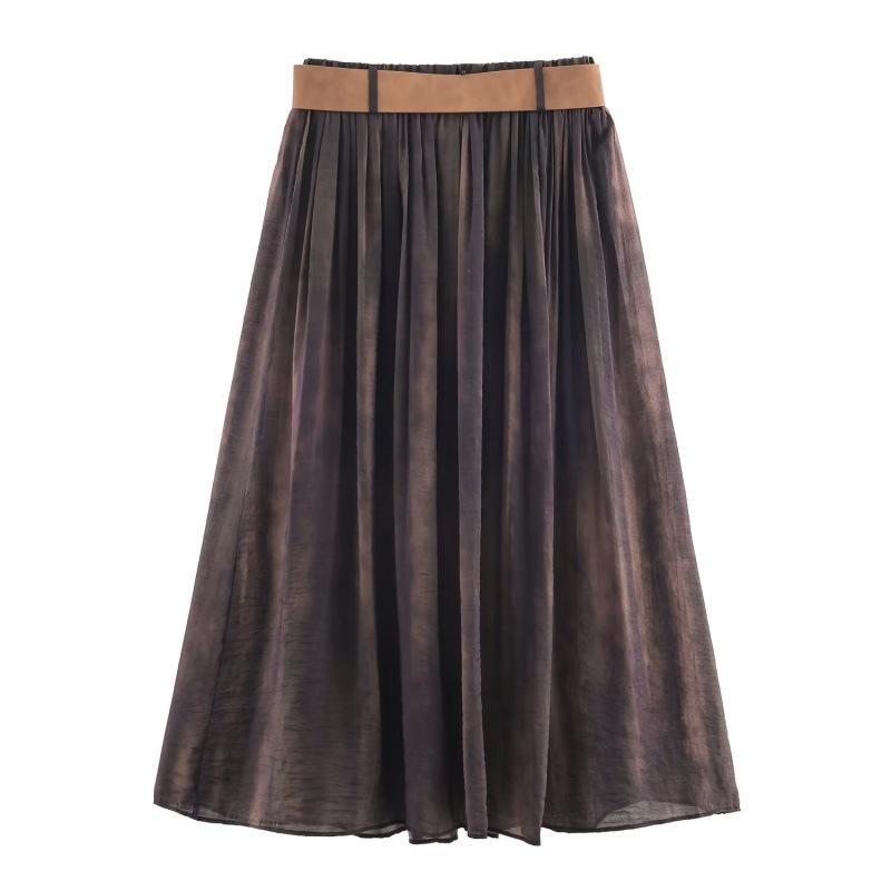 European & American Style Women's Suede Effect Pleated Midi Skirt with Belt - High Waist Skirt, 2025 Collection