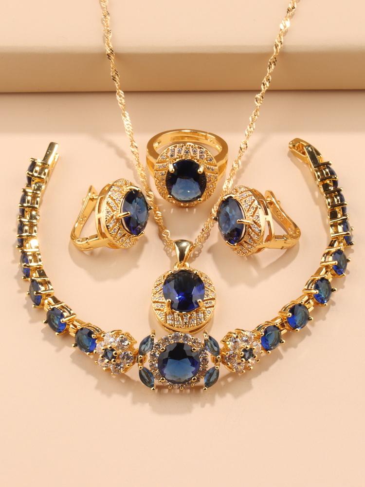 Luxury Wedding Bridal Costume Jewelry Accessory  Gold Plated Women'S Earrings Necklace Pendant Bracelet And Ring Gift Sets