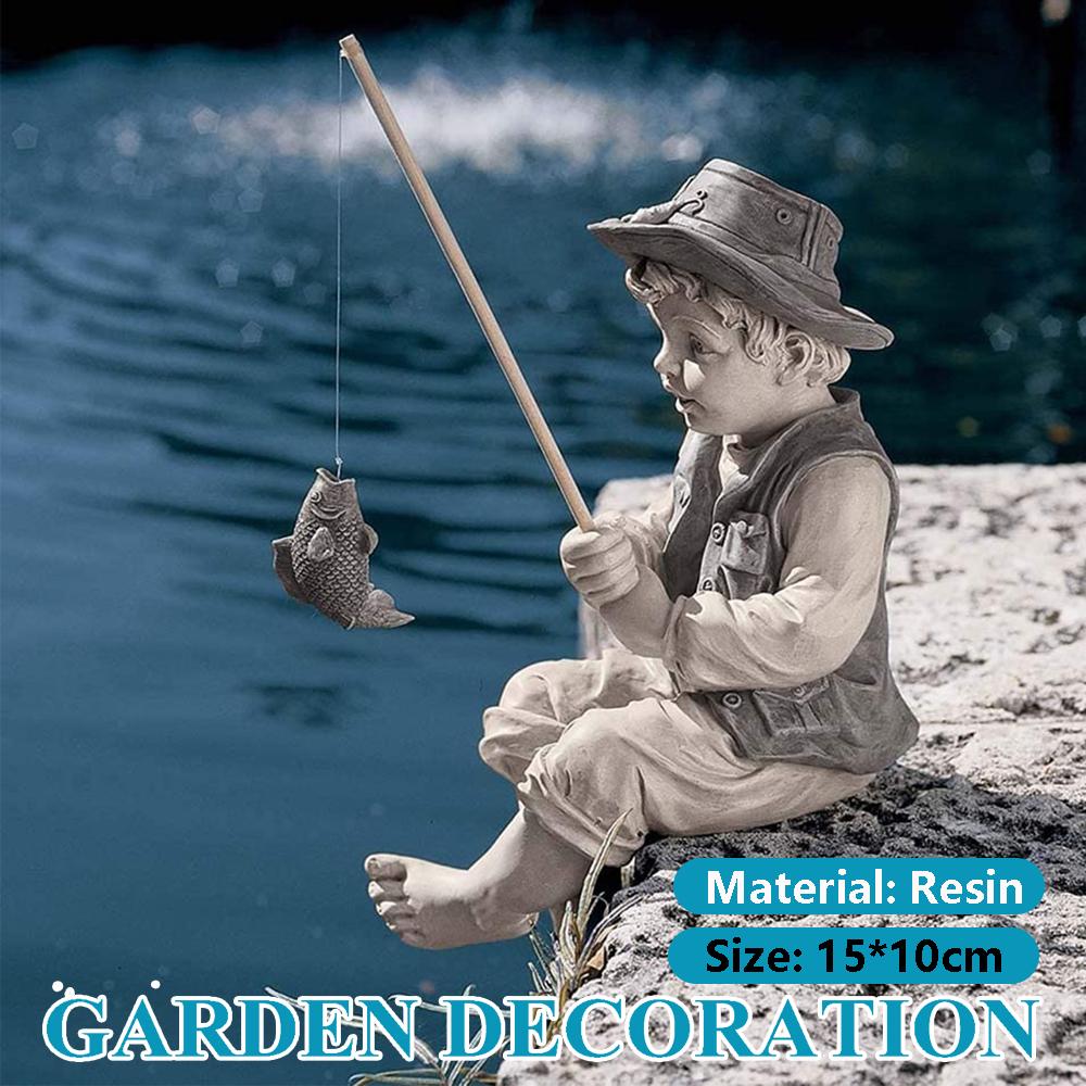 Garden Statue Gone Fishing Boy Yard Ornaments Resin Fisherman Funny Lawn Sculpture Home Decoration Support Dropshipping 15*10cm