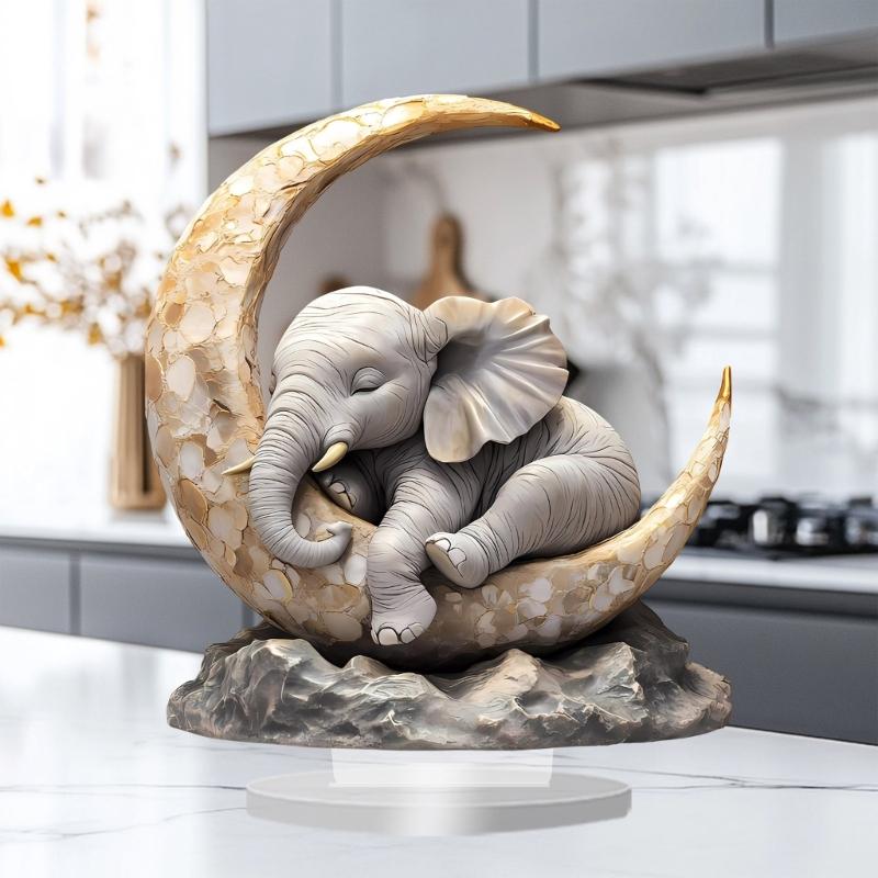 Elephant Lying On Moon Figurine Safe 2D Flat Acrylic Craft Ornament Easy Display Bedroom Desk Decoration Gift