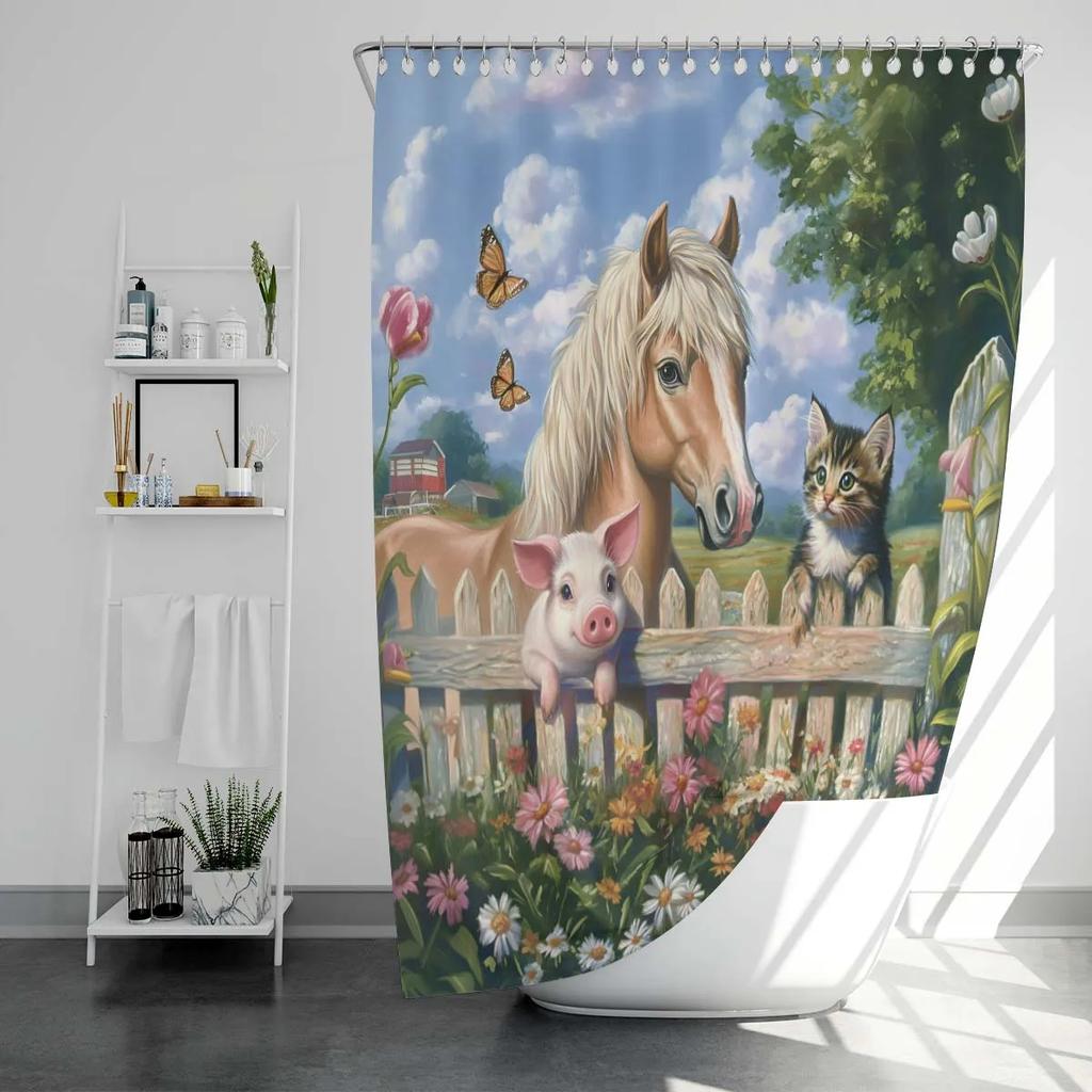 1PC Farm Animals Pattern Printed Shower Curtain, Rural Life Themed, Waterproof, with 12 Hooks, Bathroom Showers, Home Use