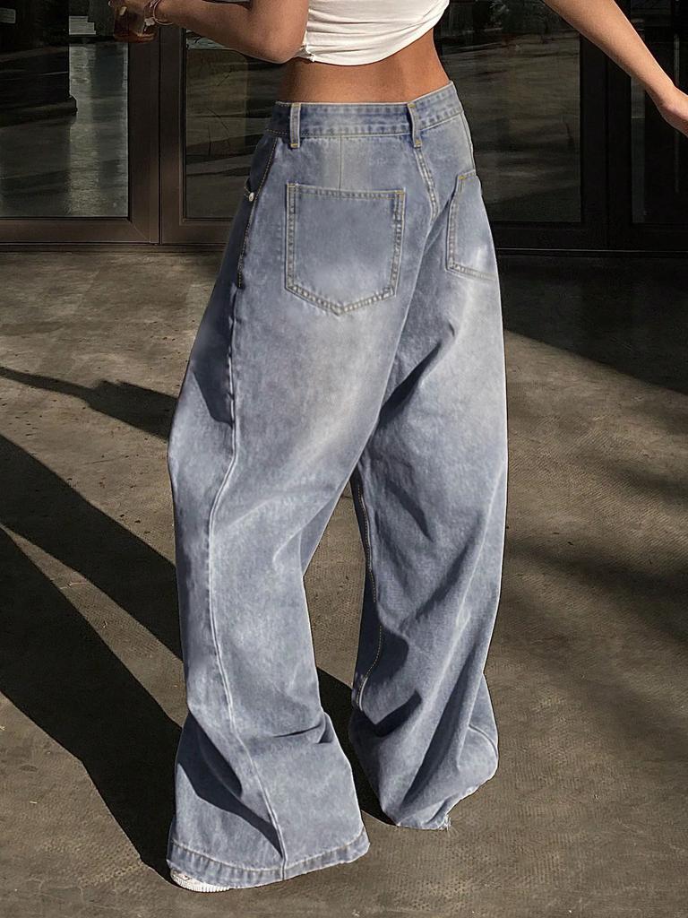 Washed Wide Leg Mop Jeans For Women, Loose And Versatile Casual Pants