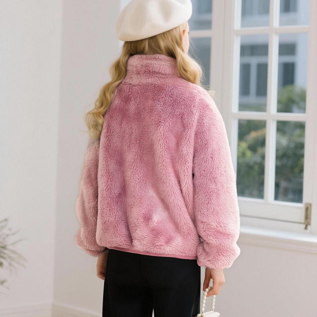 Unisex Children's Warm Fleece Jacket with Pockets - Korean Style, Stand Collar, Long Sleeve