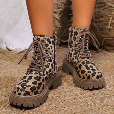 Moda feminina sola grossa leopardo tornozelo botas moda zíper lateral rendas plataforma botas mulher outono inverno antiderrapante botas de combate