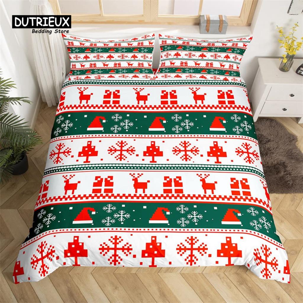Christmas Duvet Cover Cartoon Snowman Deer Reindeer Bedding Set Twin Size Microfiber Cute Gingerbread Stocking Comforter Cover