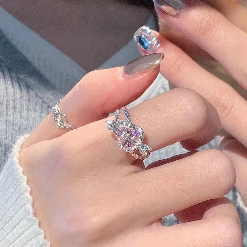 New Arrived Romantic Lovely Pink Bowknot Design Female Exquisite Jewelry Ring with Micro Bow Tie Zircon for Party and Dating