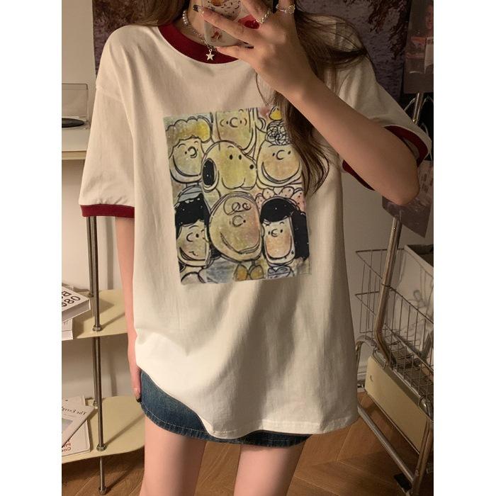 

Pure cotton, summer new Korean version loose casual contrasting color cartoon printed short-sleeved t-shirt women s trend S бордовый