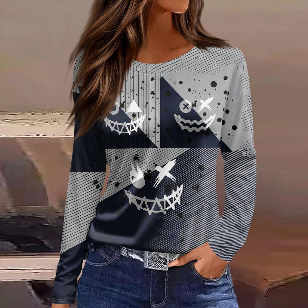 Women's Halloween Print Long Sleeve Top with Round Neck and Hem Slit for Casual Party Wear