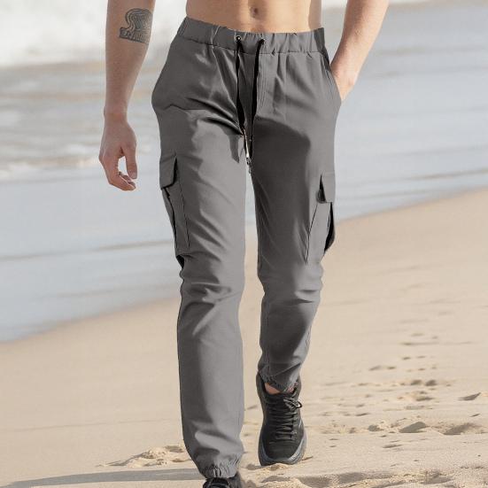 Men Cargo Pants Drawstring Waist Jogger Pants Tapered Casual Trousers with Multi Pockets for Gym Workout Hiking Street Wear