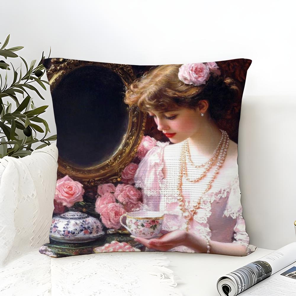 Classic Reto Oil Painting Girl  Pillow Case Linen Pillow Case Sofa Home Decor Cushion Cover Cushion Cove