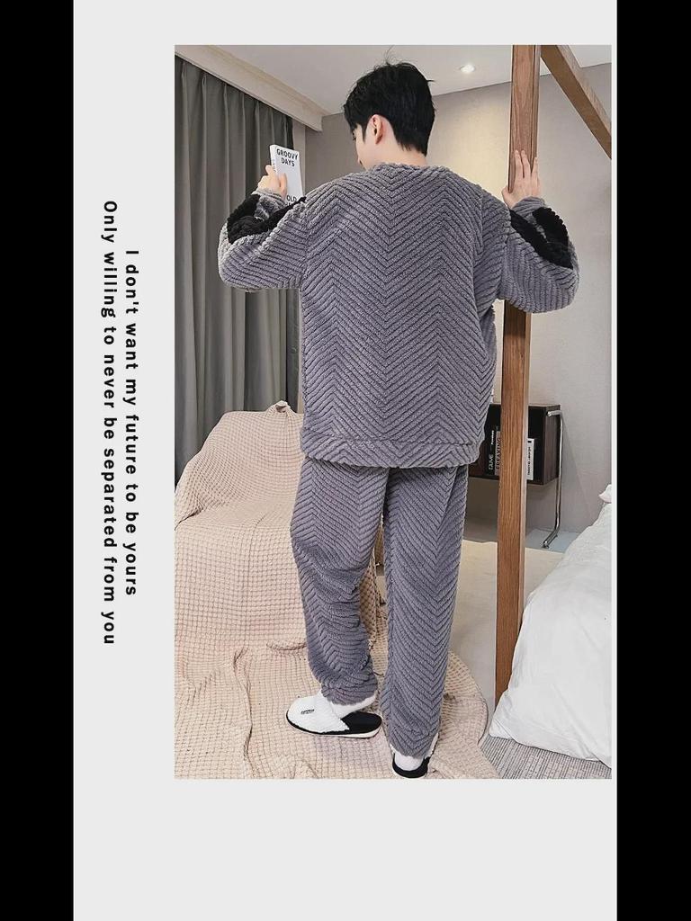 Men's Winter Coral Fleece Pajamas: Outdoor Wearable, Thickened Flannel, One-Piece Home Clothing