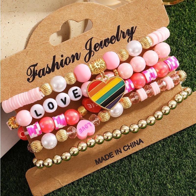 Valentine's Day Bracelet Multi-layer Stacked Pink Love Pendant Bracelet Soft Pottery Beaded Elastic Bracelet