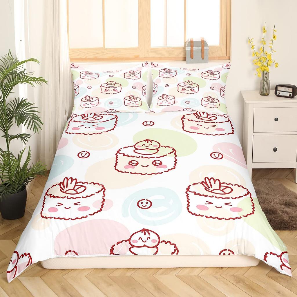 Japanese Sushi King Queen Duvet Cover Little Cat Bedding Set Novelty Cartoon Pet Animal Japan Food White Polyester Quilt Cover