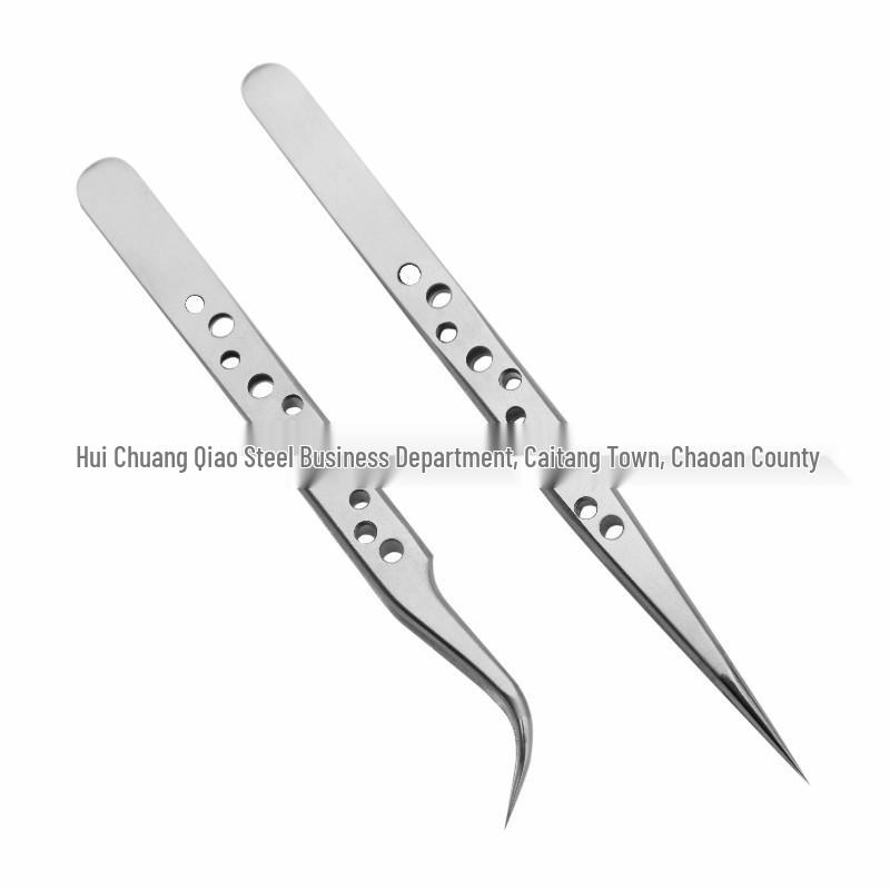 High-Precision Stainless Steel Anti-Slip Tweezers - Straight Tip for Mobile Phone Repair 9-hole Bent, Glossy, Bag