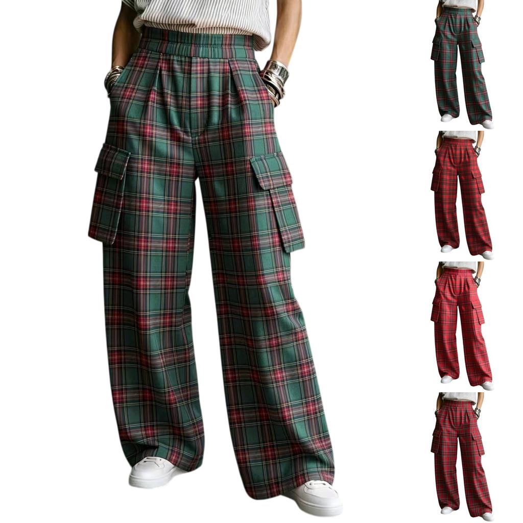 Pantaloni Cargo da Donna Retro a Quadri Casual Gamba Larga Dritta con Vita Elasticizzata e Grandi Tasche