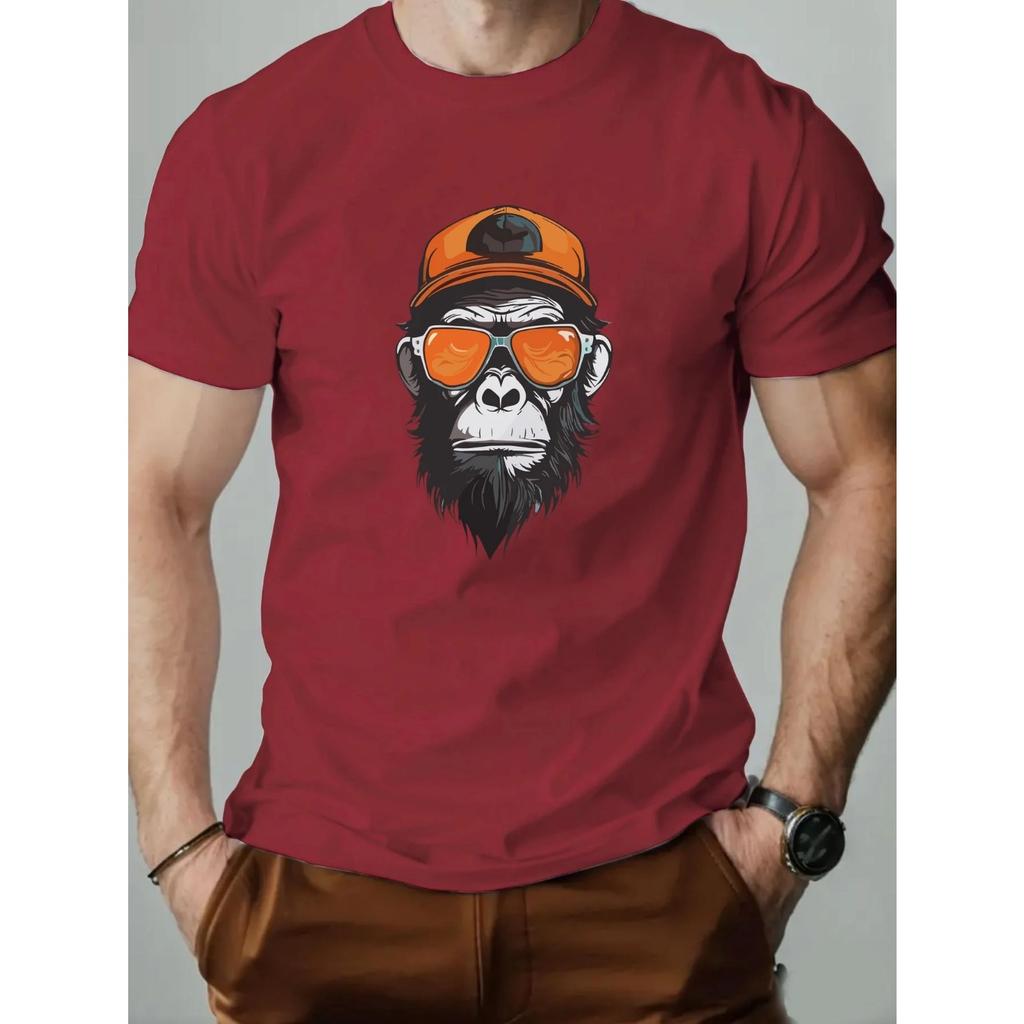 Men's Summer 100% Pure Cotton Fashionable Casual Sports Loose Monkey Pattern Printed Round Neck Short Sleeved T-shirts