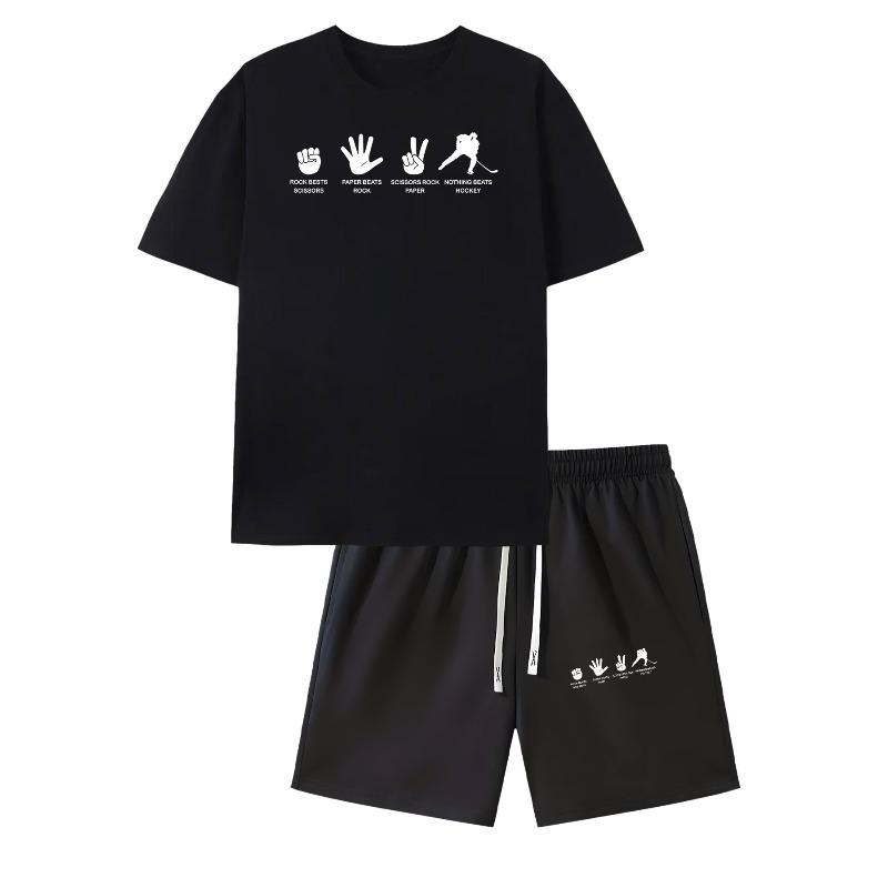 European Size Ice Hockey And Hand Humorous Graphic Print Men'S Short-Sleeved T-Shirt And Waist Casual Sports Regular Top ,Spring And Summer g