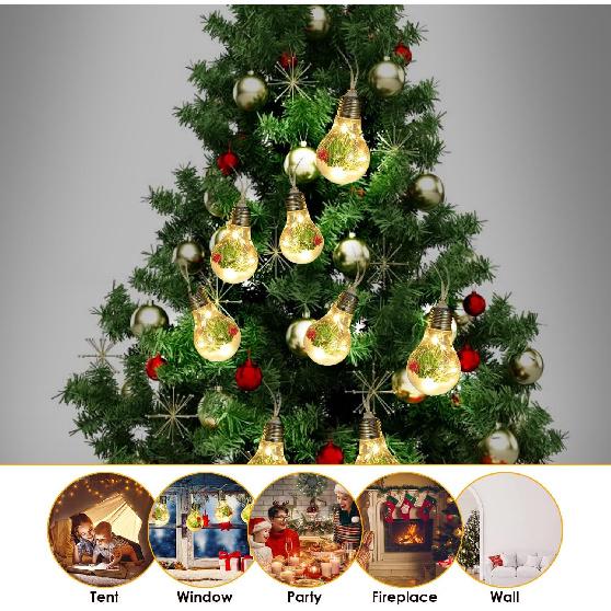 13.78FT Christmas Snow Globe Lights, 10 LED Bulbs Lights for Christmas Tree, Battery Powered String Lights with Pine Needles, Snow & Berries, for