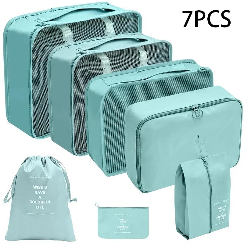 

7Pcs Set Travel Organizer Storage Bags Suitcase Packing Cubes Cases Portable Wardrobe Luggage Clothes Shoe Pouch Fold небесно-голубой