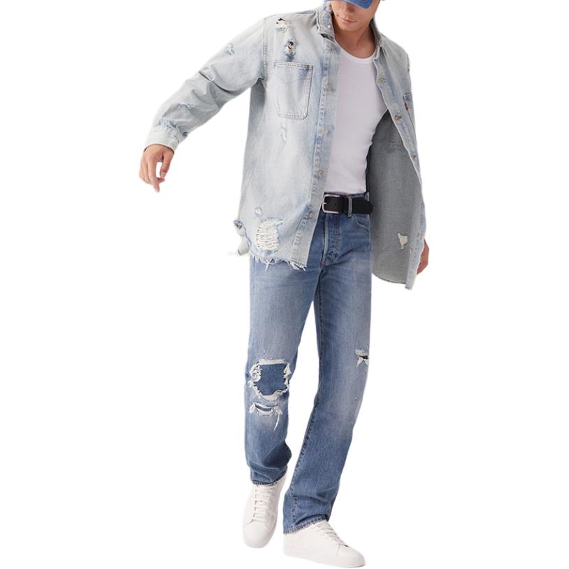 Levis Loose Fit Ripped Denim Jacket With Lapel Long Sleeve Men Jackets Light-Blue 0017E-0000