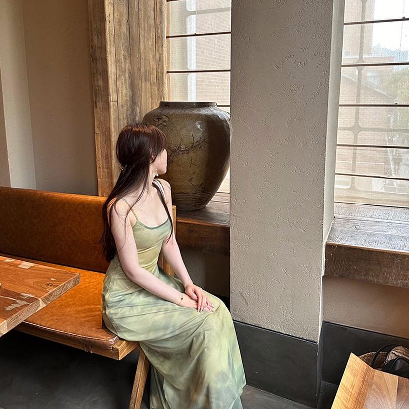 Super fire age reduction green smudge waist suspender dress women's summer seaside vacation temperament light national style skirt