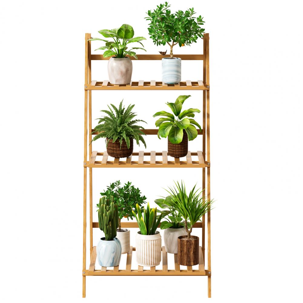 Natural Bamboo 3-Tier Ladder Plant Shelf Foldable Display Rack Sturdy Space Saving for Indoor Outdoor Balcony Flower Pot Decor