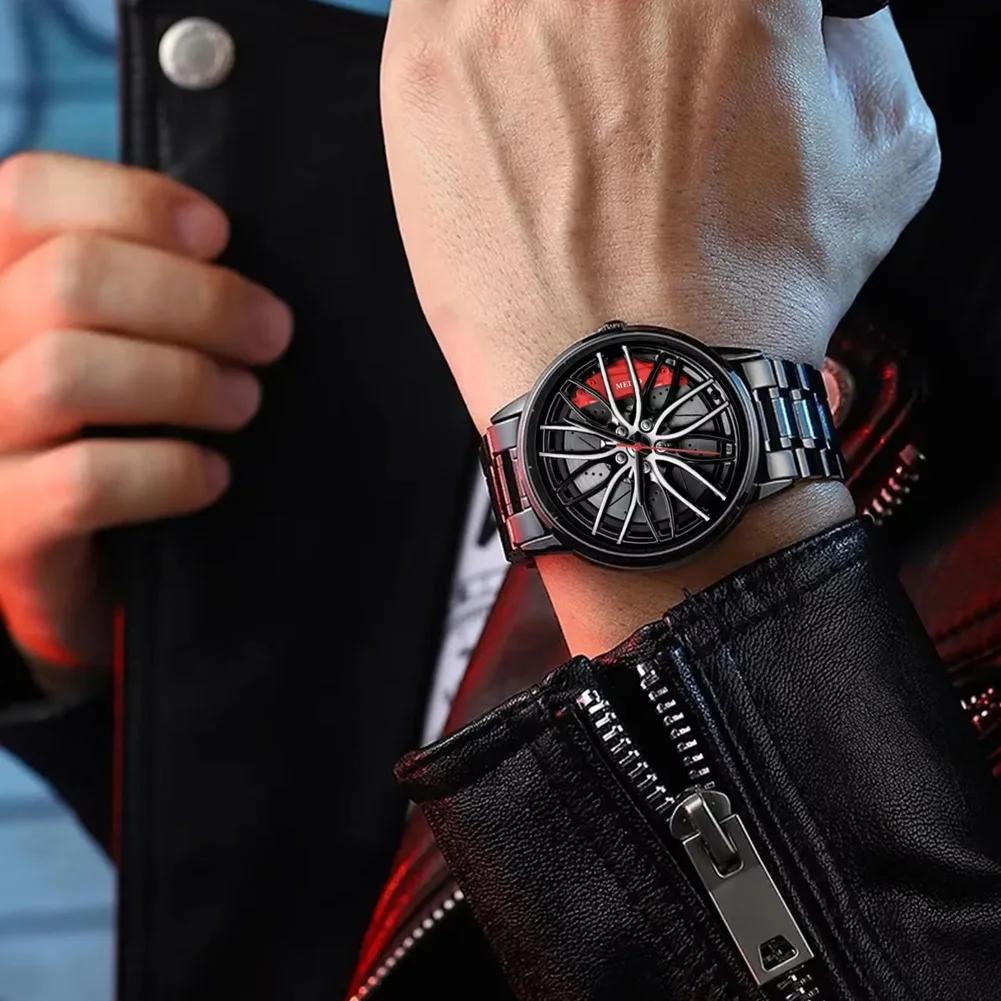 Stainless Steel Band Men's Quartz Watch Fashion 3D Car Wheel Sports Wrist Watch For Men