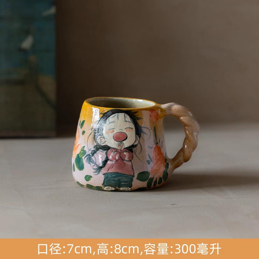 Cute Cat Ceramic Mug,Vintage Hand-Painted Ceramic Mug, Retro Floral Coffee Cup, Handmade Art Teacup for Home Office
