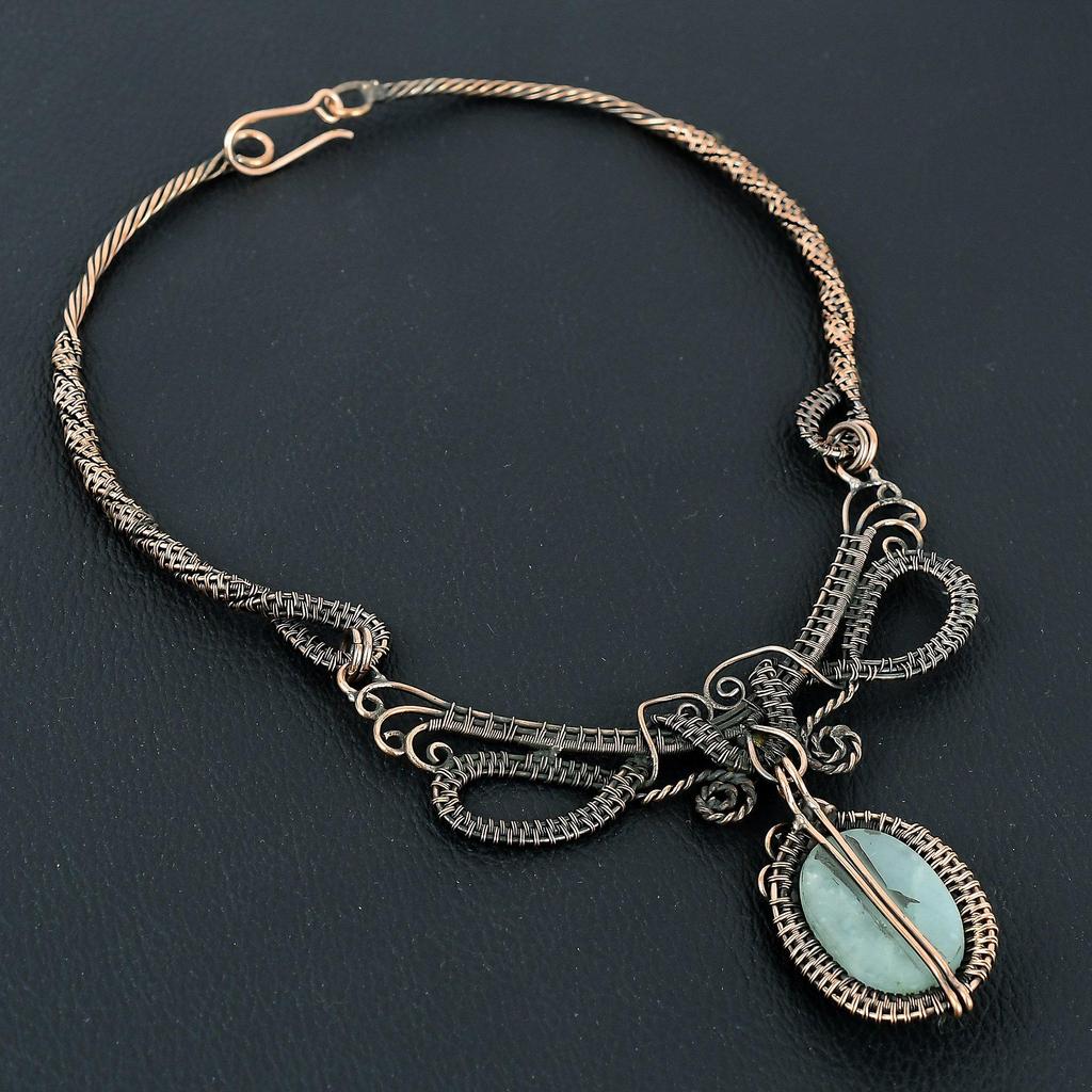 Aquamarine Handmade Gemstone Necklace, 999 Copper Wire Wrapped Necklace Antique Jewelry, For Engagement Gift