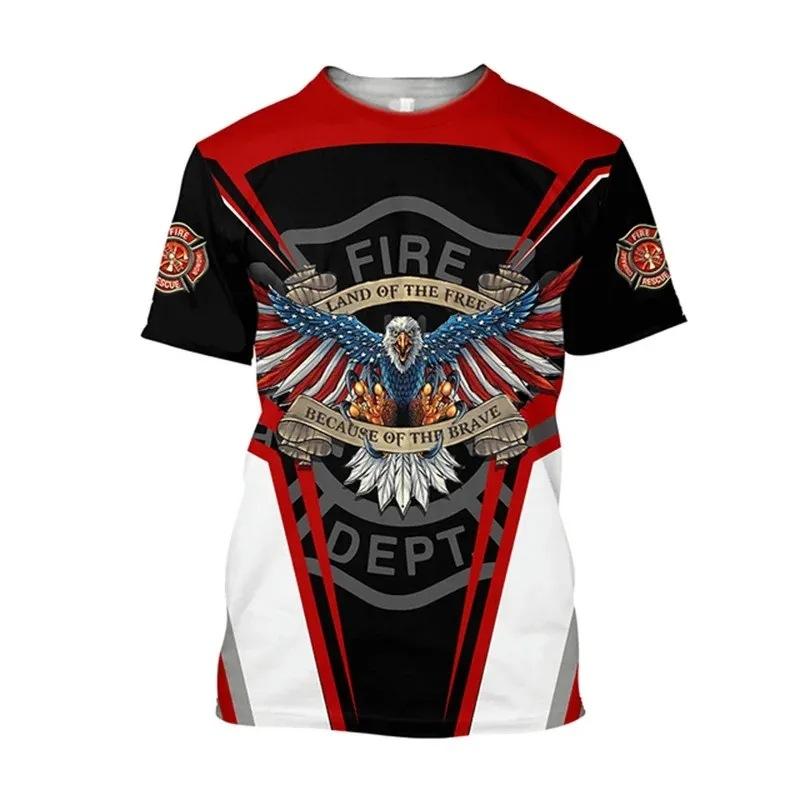 Firefighter Fire Simulation Drill Pattern 3D Print Cross-border New Men's Casual Short-Sleeve T-Shirt Factory Direct Sale