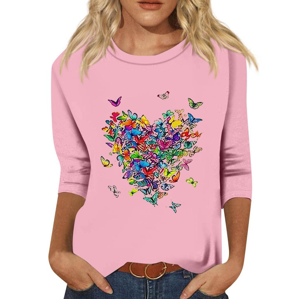 Women's Fashion Loose Casual Seven 3/4 Sleeve Printed Round Neck Pullover Top