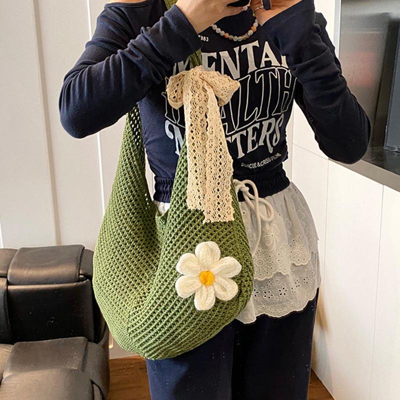 Simple Handmade Knit Shoulder Bag Bohemian Solid Color Crochet Tote Bag Large Capacity Hollow Out Woven Handbag Vacation